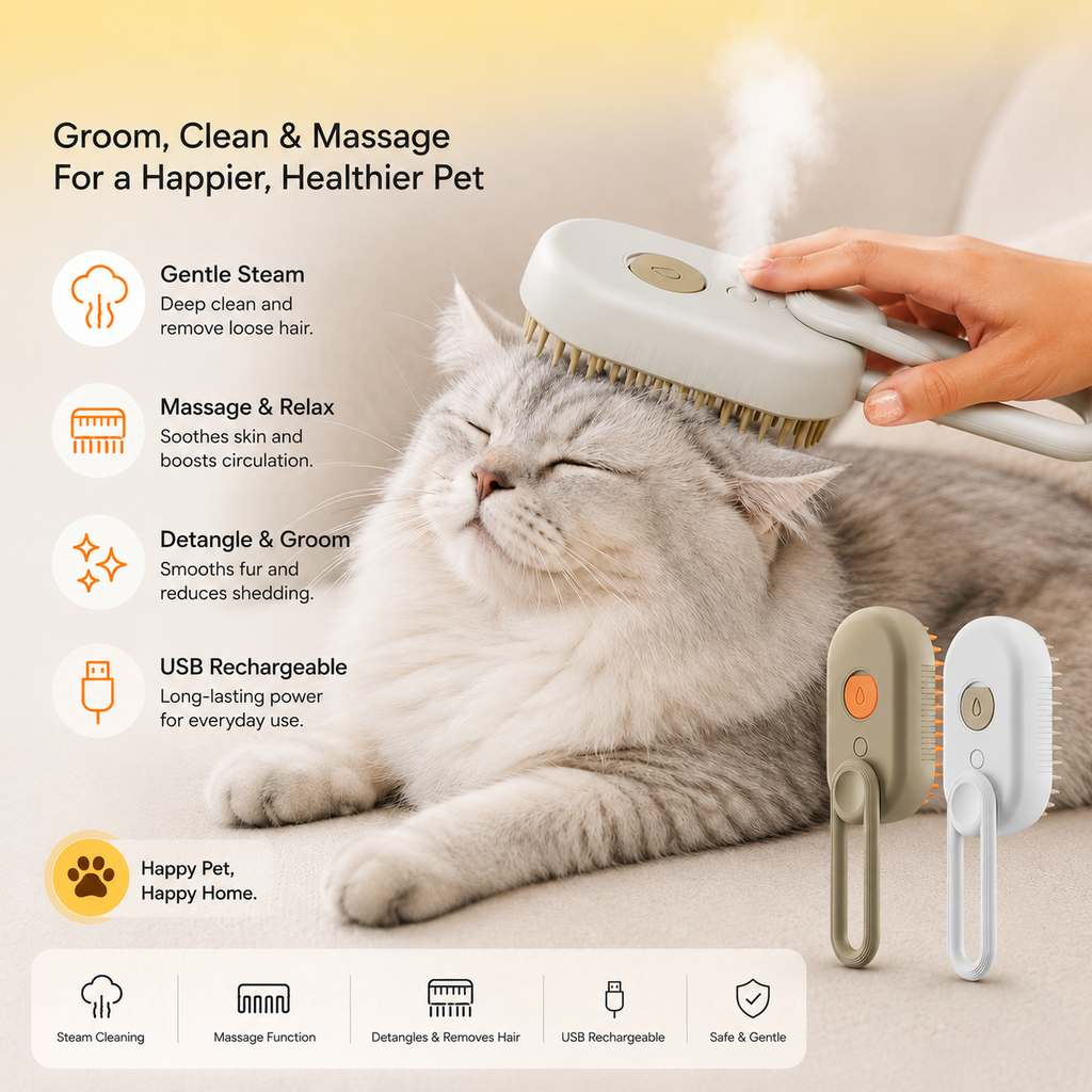 Electric 3-in-1 Steam Pet Brush - USB Rechargeable