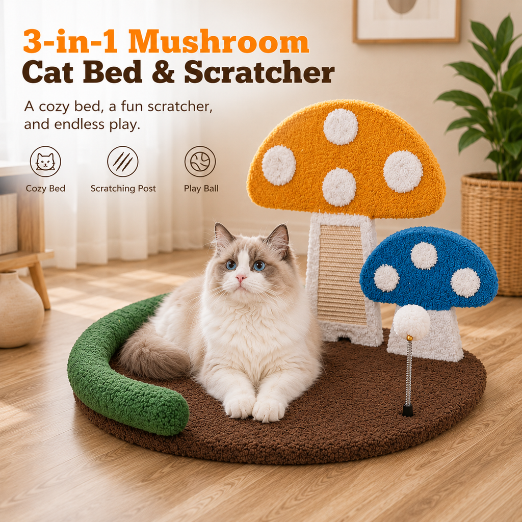 3-in-1 Mushroom Cat Bed & Scratcher