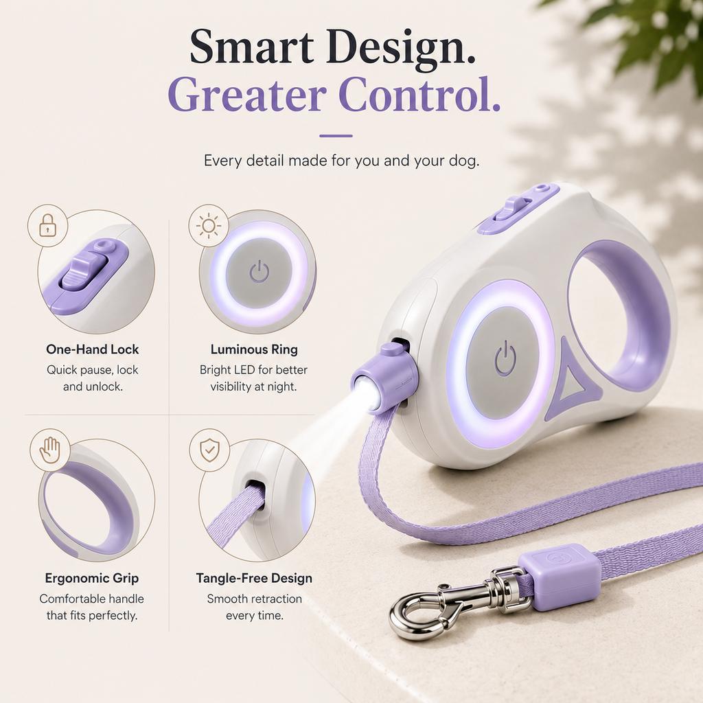 LED Spotlight Retractable Dog Leash - One-Hand Brake