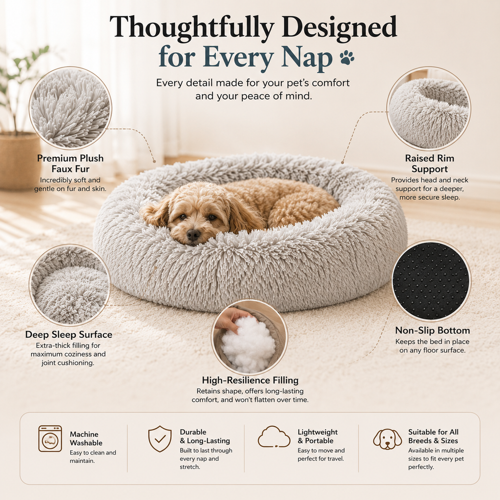 Round Plush Pet Nest - Donut Bed