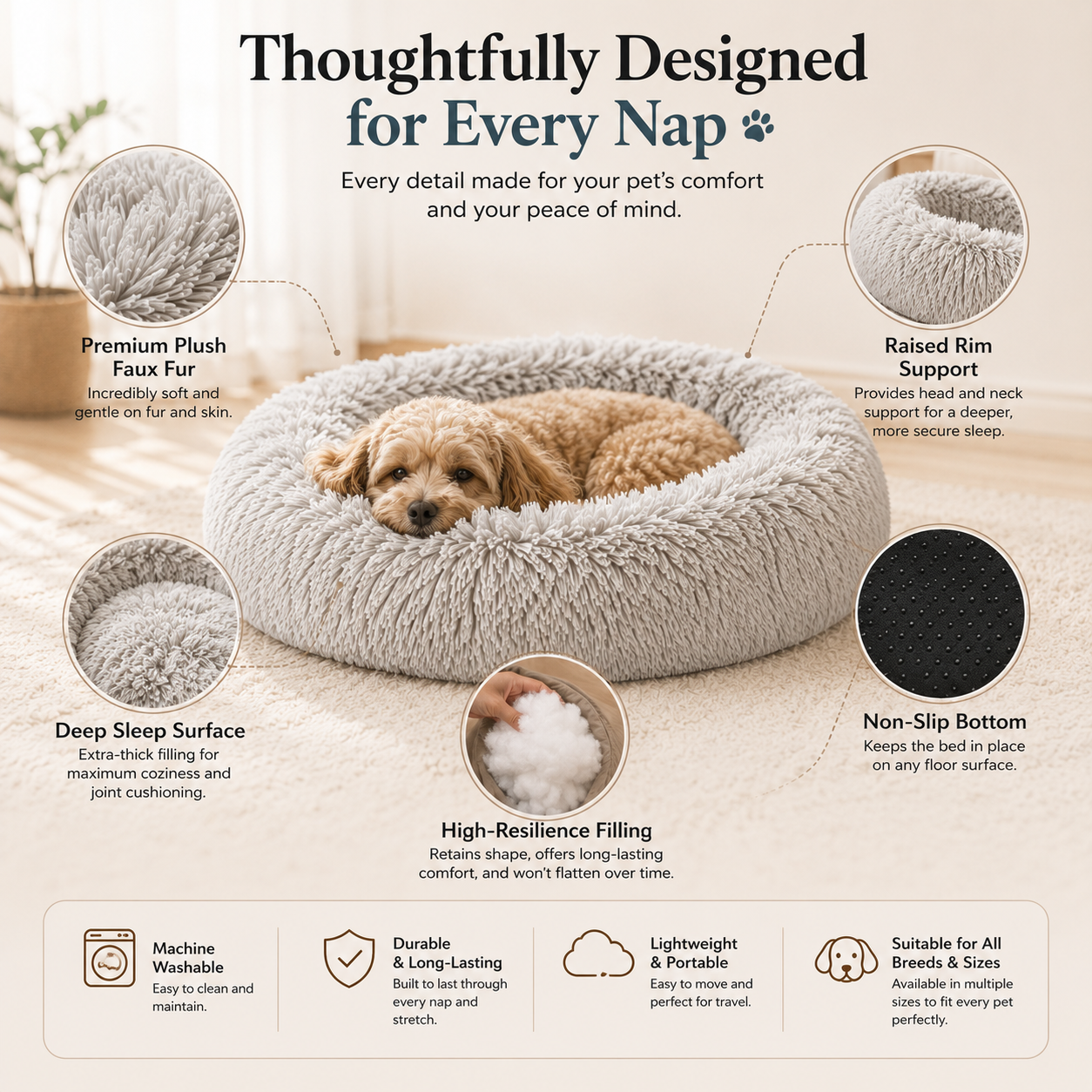 Round Plush Pet Nest - Donut Bed