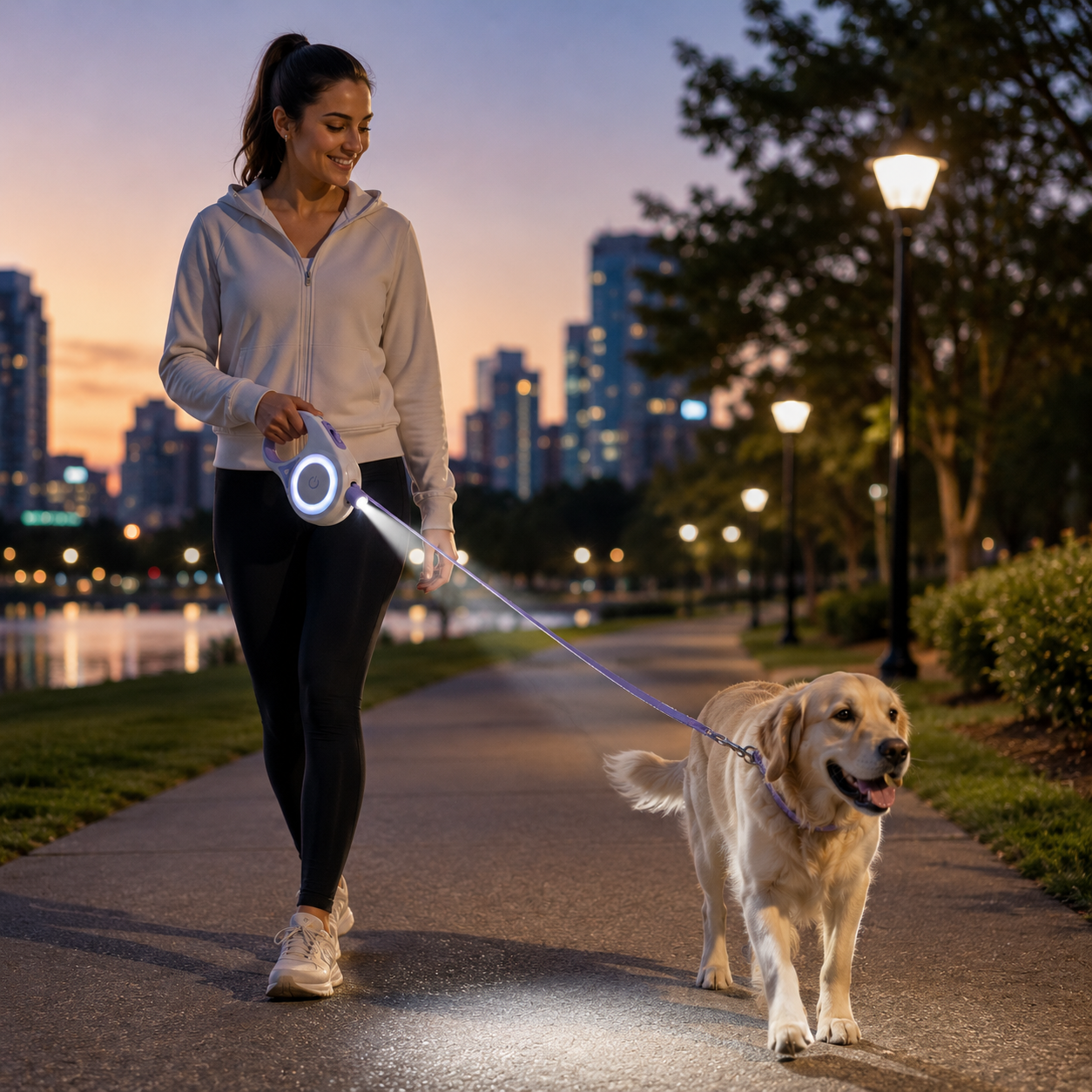 LED Spotlight Retractable Dog Leash - One-Hand Brake