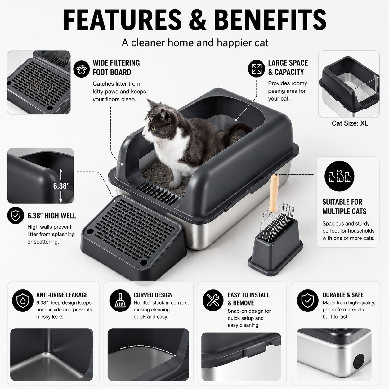 6-Inch Deep Cat Litter Box with Filter Footboard
