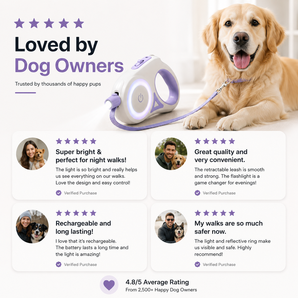 LED Spotlight Retractable Dog Leash - One-Hand Brake