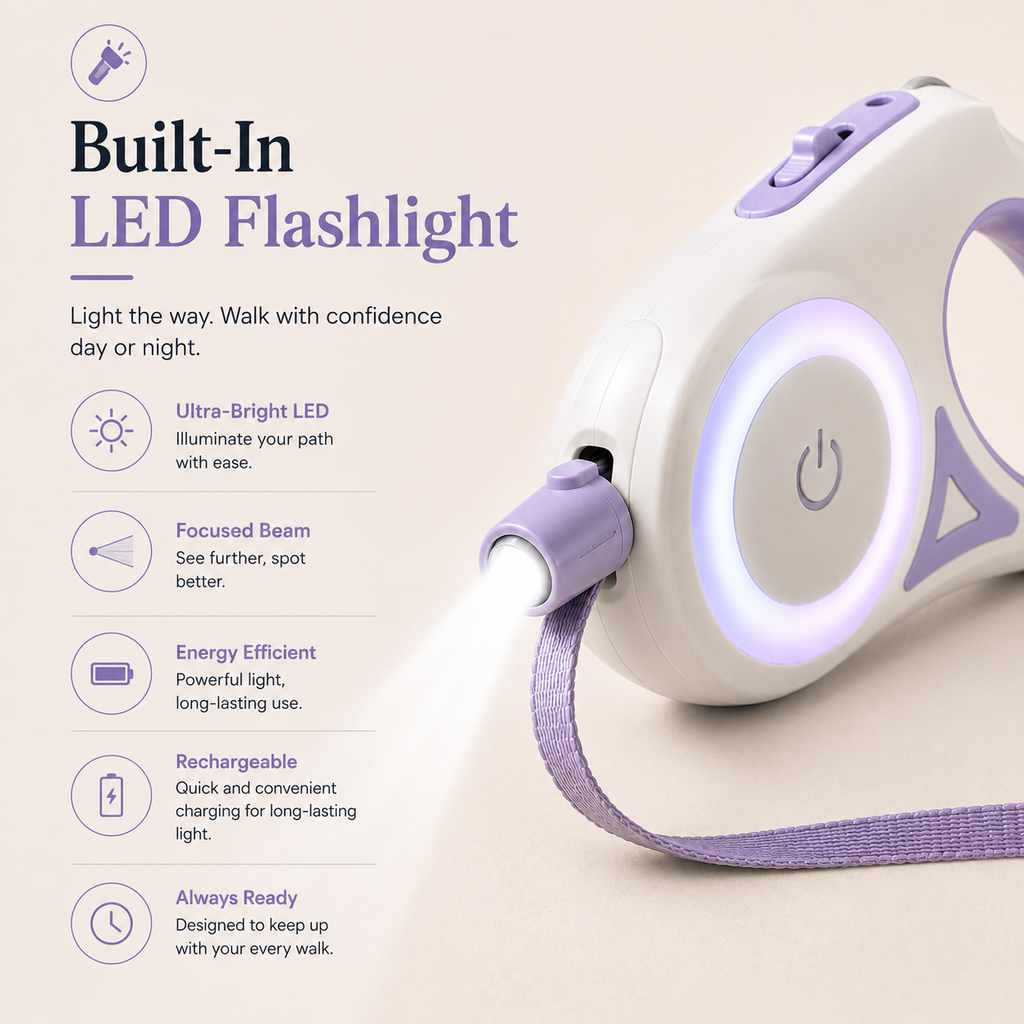 LED Spotlight Retractable Dog Leash - One-Hand Brake