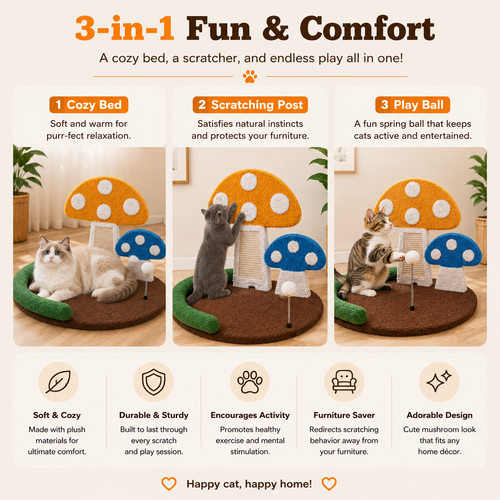 3-in-1 Mushroom Cat Bed & Scratcher