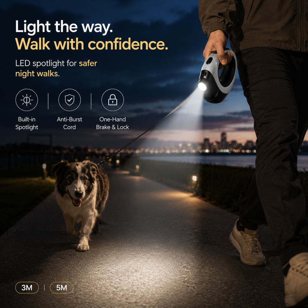 LED Spotlight Retractable Dog Leash - One-Hand Brake