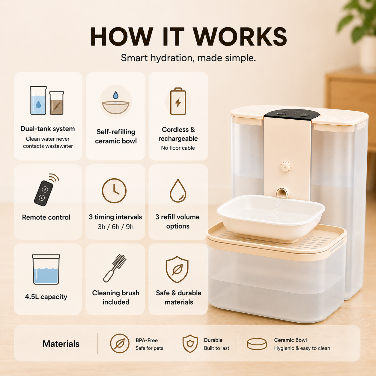 Smart Pet Water Fountain - 4.5L Cordless, Ceramic Bowl