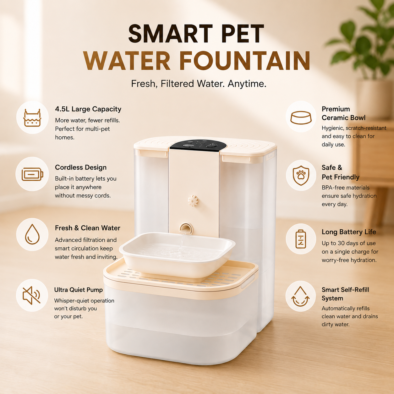 Smart Pet Water Fountain - 4.5L Cordless, Ceramic Bowl